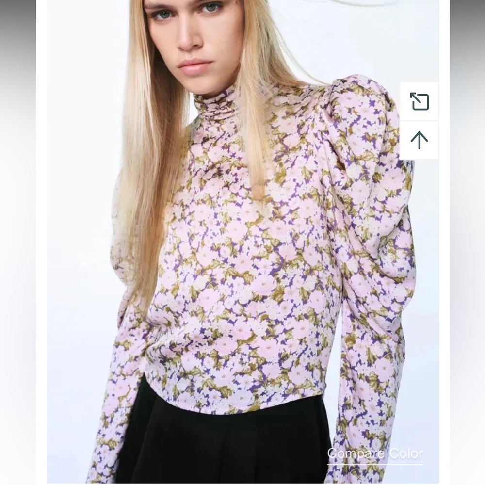 Zara floral high neck puff sleeve blouse